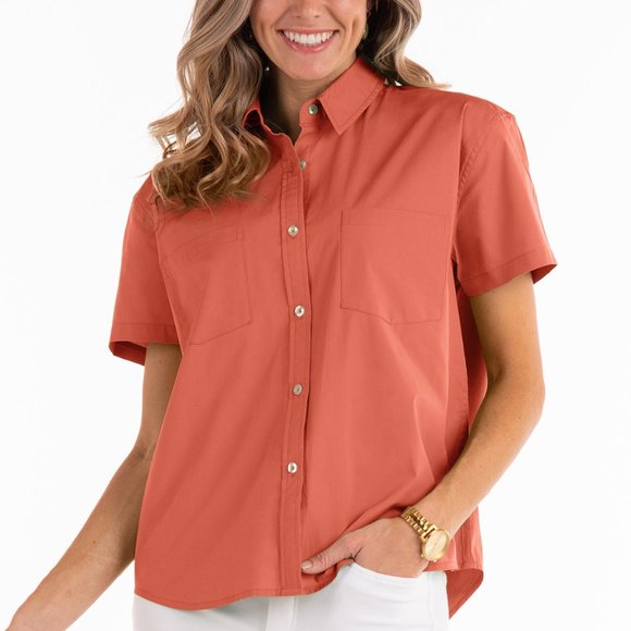 FRESH PRODUCE Oxford Camp Shirt cotton/spandex Poppy red s/s - Picture 2 of 6